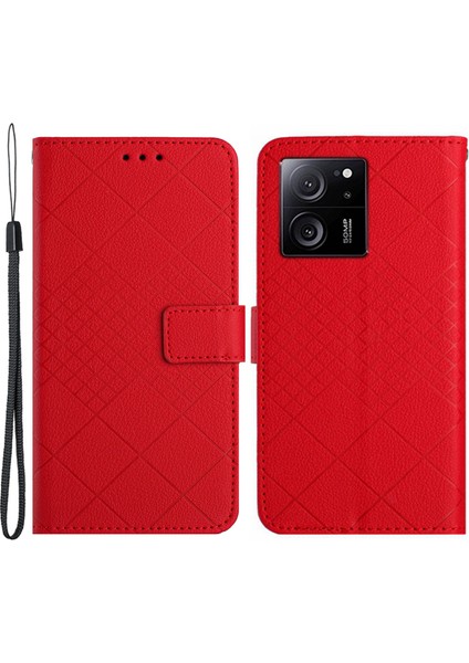 Xiaomi 13T/13T Pro/redmi K60 Ultra Case Pu Deri Rhombus Desen Stand Akıllı Telefon Kapak-Kırmızı (Yurt Dışından)