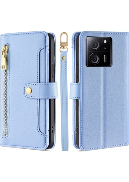 Xiaomi Redmi K60 ULTRA/13T/13T Pro Case Deri Fermuar Cüzdanı Stand Telefon Kapağı Uzun ve Kısa Kayış Mavisi (Yurt Dışından)
