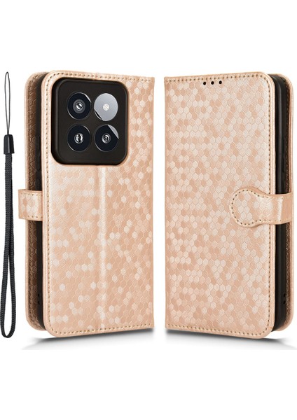 Xiaomi 14 Pro Case Scratch-Dirençli Pu Deri Stand Telefon Kabuğu Strap-Rose Altın (Yurt Dışından)