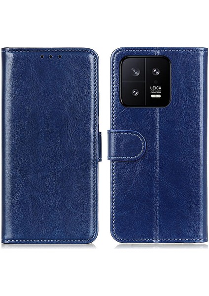 Xiaomi Için 14 Case Çılgın At Doku Telefon Kapağı Manyetik Toka Pu Deri Cüzdan Kabuk-Mavi (Yurt Dışından)