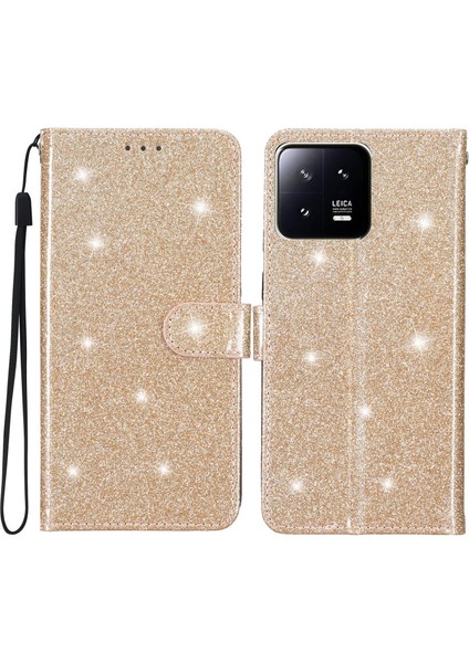 Xiaomi 13 Şok Geçirmez Cüzdan Standı Kapak-Altın Için Işıltılı Pu Deri Telefon Kasası (Yurt Dışından)