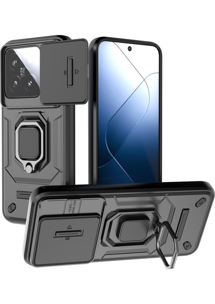 Xiaomi 14 Cep Telefonu Kılıfları Için Pc+Tpu Slayt Lens Koruma-Siyah ile Öne Çıkan Kickstand Kapak (Yurt Dışından)