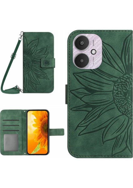 Xiaomi Redmi Için 13C 4g/5g/poco C65 4g Crossbody Telefon Deri Kılıf Ayçiçeği Desen-Dark Yeşil (Yurt Dışından)