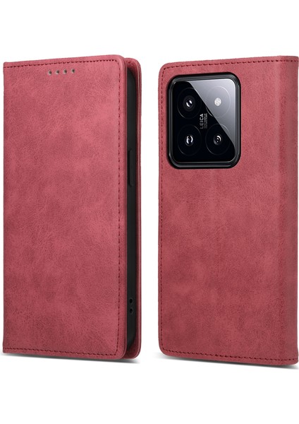 Xiaomi 14 Pro Telefon Kılıfı Rfıd Engelleme Cüzdan Pu Deri Cep Telefon Kapağı Kabuk-Kırmızı (Yurt Dışından)