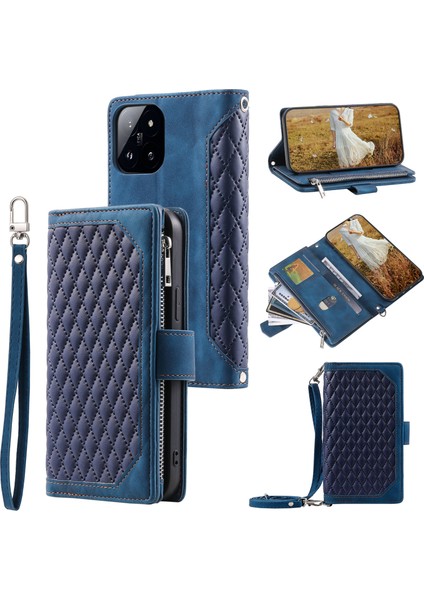 Xiaomi Için 14 Case Zipper Cep Telefonu Deri Kapağı El Kayışı ve Omuz Kayış Mavisi (Yurt Dışından)