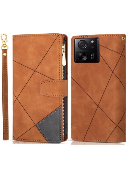 Xiaomi 13T/13T Pro/redmi K60 Ultra Case Hatlar Için Baskılı Fermuar Cep Kapağı-Kahverengi (Yurt Dışından)
