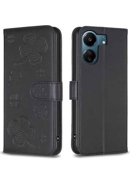 Xiaomi Redmi 13C 4g/poco C65 4g Deri Telefon Kılıfı Yonca Deseni Stand Manyetik Kapak Kapağı Black (Yurt Dışından)