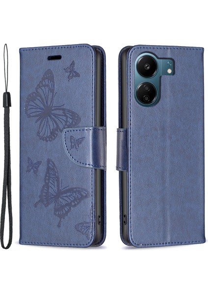 Xiaomi Redmi 13C 4g/poco C65 4g Case Kelebek Baskılı Pu Deri Cüzdan Telefon Kapak-Dark Mavi (Yurt Dışından)