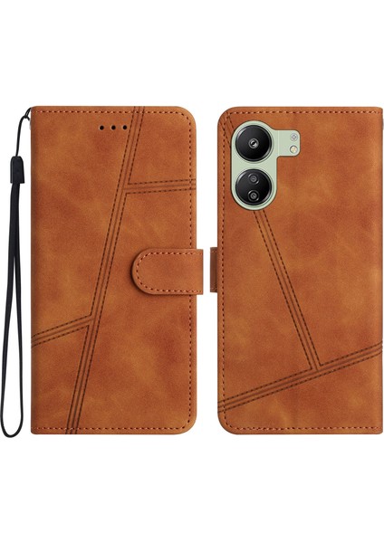Xiaomi Redmi 13C 4g/poco C65 4g Anti-Fall Cep Telefon Kılıfları Çizgileri Baskılı Deri Kapak Kahverengi (Yurt Dışından)