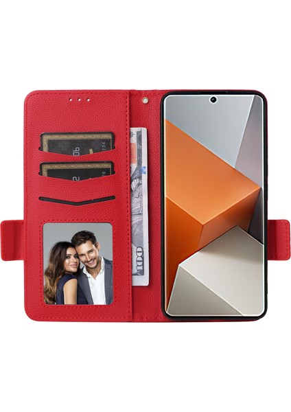 Xiaomi Redmi Için Note 13 Pro+ 5g Case Litchi Doku Pu Deri Deri Cüzdan Telefon Koruyucusu Kayış Kırmızısı (Yurt Dışından)