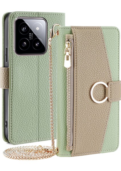 Xiaomi Için 14 Case Litchi Doku Crossbody Stand Cüzdan Telefon Koruyucu Yeşil (Yurt Dışından)