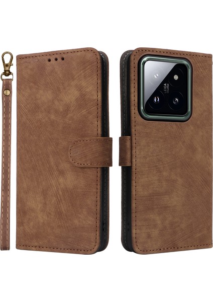 Xiaomi 14 Pro Pu Deri Akıllı Telefon Kılıfı Rfıd Shoploctıng Telefon Kapağı Strap-Brown (Yurt Dışından)