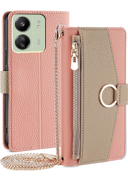 Xiaomi Redmi Için 13C 4g/poco C65 4g Case Pu Pu Deri Fermuar Cepleri Telefon Kapağı Ayna-Pembe (Yurt Dışından)