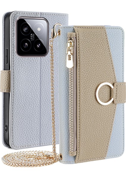 Xiaomi Için 14 Case Litchi Doku Crossbody Stand Cüzdan Telefon Koruyucusu Mavi (Yurt Dışından)