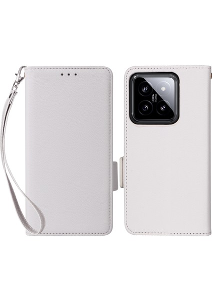 Xiaomi Için 14 Case Litchi Doku Çarpışma Karşıtı Pu Deri Akıllı Telefon Kapağı Strap-White (Yurt Dışından)