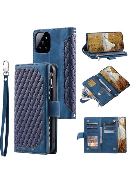 Xiaomi Için 14 Case Pu Deri Fermuar Pocket Rhombus Telefon Kapağı Strap-Mavi (Yurt Dışından)