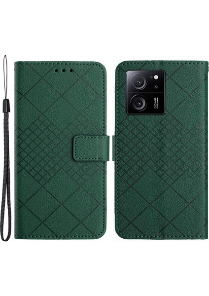 Xiaomi 13T/13T Pro/redmi K60 Ultra Case Pu Deri Rhombus Desen Stand Akıllı Telefon Kapak Yeşil (Yurt Dışından)