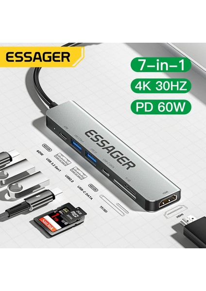 7'in 1'i Laptop/Macbook/Tv/Projektör Hub Çoklayıcı /4K 30Hz HDM/Type-C/TF Kart/SD Kart/Usb 3.2/Usb 2.0/Pd 60W/ 5Gps Hızlı En Son Nesil Yeni Teknoloji Orjinal