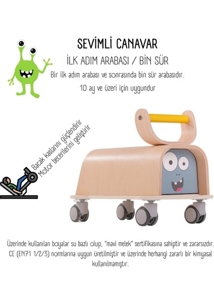 Mercan Adası Sevimli Canavar Yürüteç Ahşap Oyuncak Cute Monster Ride On 12AY+