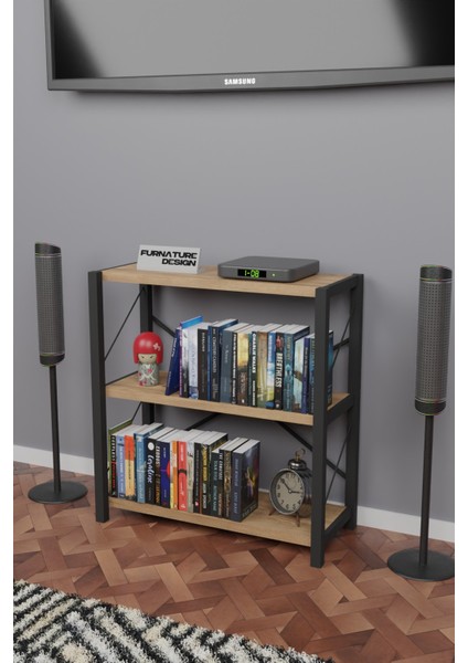 Metal Kitaplık 3 Raflı Dekoratif Kitaplık Tv Ünitesi Raf Atlantik Çam