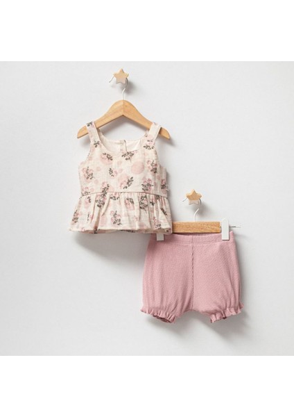 5166T Kız Bebek Vintage Rose Gül Kurusu Ikili Şort Takım