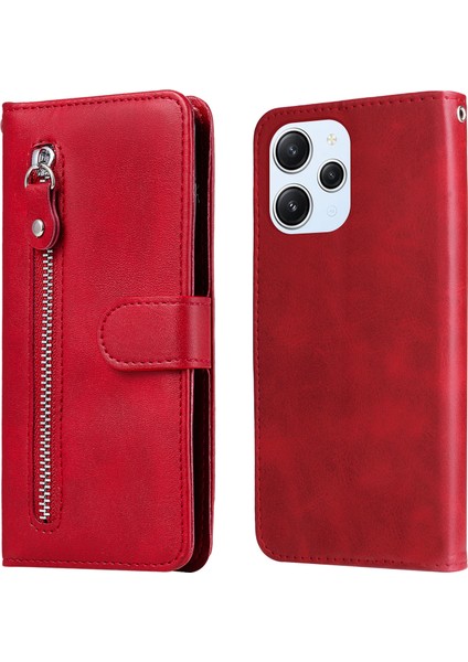 Xiaomi Redmi Için 12 4g Buzağı Dokusu Telefon Kılıfı Karaket Önleme Anayacı Zıpper Cep Cülü Katılık Stand Telefon Kapağı-Kırmızı (Yurt Dışından)