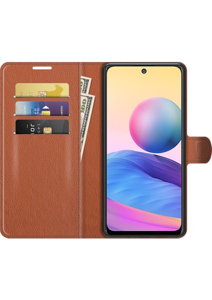 Cüzdan Tasarım Folio Flip Litchi Doku Deri Telefon Kılıfı Xiaomi Redmi Stand 10 5g/poco M3 Pro 5g/4g-Brown (Yurt Dışından)