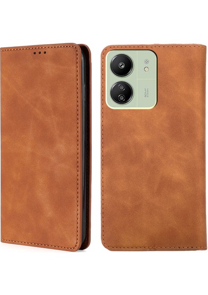Xiaomi Redmi Için 13C 4g/poco C65 4g Case Cilt Touch Hissed Hisset Pu Deri Telefon Kapağı Kart Yuvaları ile Kahverengi Kahverengi (Yurt Dışından)