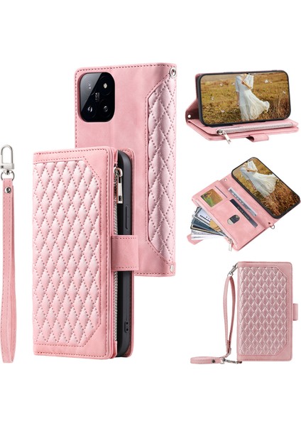 Xiaomi Için 14 Case Zipper Cep Telefonu Deri Kapağı El Kayışı ve Omuz Kayış Rose Altın (Yurt Dışından)