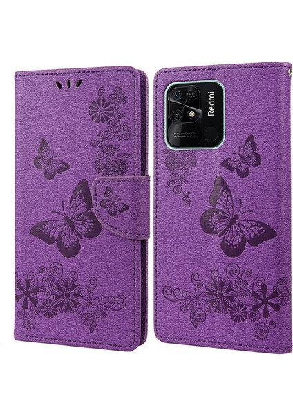 Xiaomi Redmi Için 10C Pu Deri Kelebek Çiçeği Baskılı Kılıf Stand Cüzdan Koruyucu Telefon Kapağı Strap-Purple ile (Yurt Dışından)