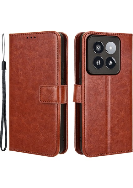 Xiaomi 14 Pro Case Cüzdanı Pu Deri Çılgın At Doku Telefon Kapak-Kahverengi (Yurt Dışından)
