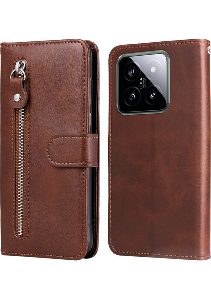 Xiaomi Için 14 Cüzdan Telefon Kılıfı Buzağı Dokusu Şok Geçirmez Deri Flip Kapak Fermuar Pocket-Brown (Yurt Dışından)