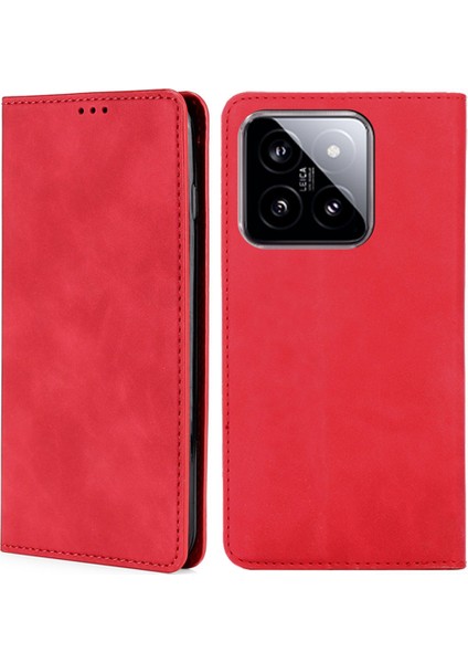 Xiaomi Için 14 Kasa Deri Manyetik Telefon Standı Kabuk Kartı Yuvaları Cep Telefonu Kapak-Kırmızı (Yurt Dışından)