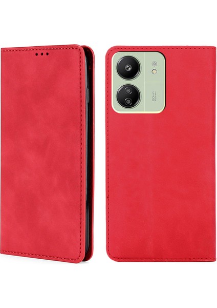 Xiaomi Redmi Için 13C 4g/poco C65 4g Case Cilt Touch Hissed Hisset Pu Deri Telefon Kapağı Kart Yuvaları-Kırmızı (Yurt Dışından)