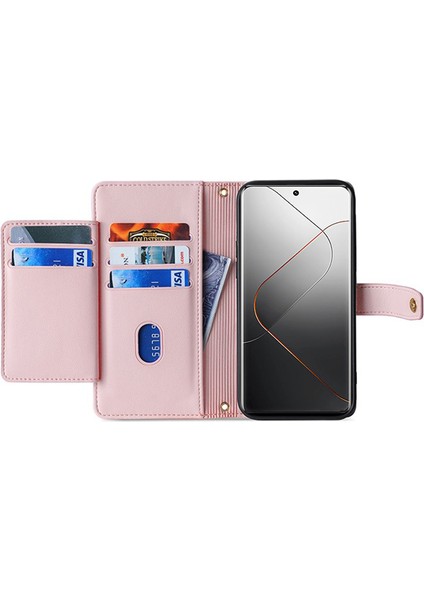 Xiaomi Için 14 Vaka Kartı Yuvaları 2 Kayış-Pembe ile Fermuarlı Cüzdan Deri Kapağı (Yurt Dışından)