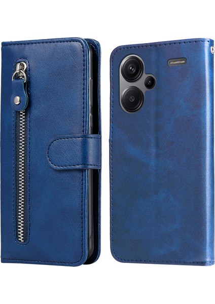 Xiaomi Redmi Için Note 13 Pro+ 5g Kasa Stand Buzağı Doku Deri Kapak Fermuar Cüzdan Mavisi (Yurt Dışından)