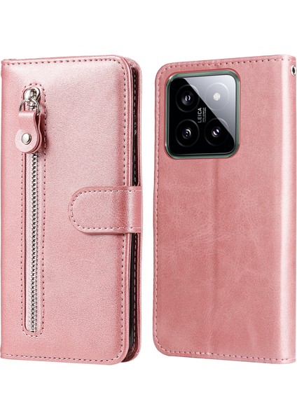 Xiaomi Için 14 Cüzdan Telefon Kılıfı Buzağı Dokusu Şok Geçirmez Deri Flip Kapak Fermuarı ile Cep-Pembe (Yurt Dışından)