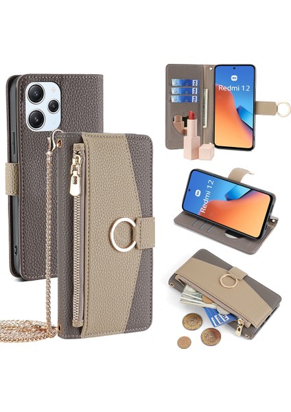 Xiaomi Redmi Için 12 4g Pu Pu Deri Dal Damla Koşullu Crossbody Telefon Cüzdan Kapak-Grey (Yurt Dışından)