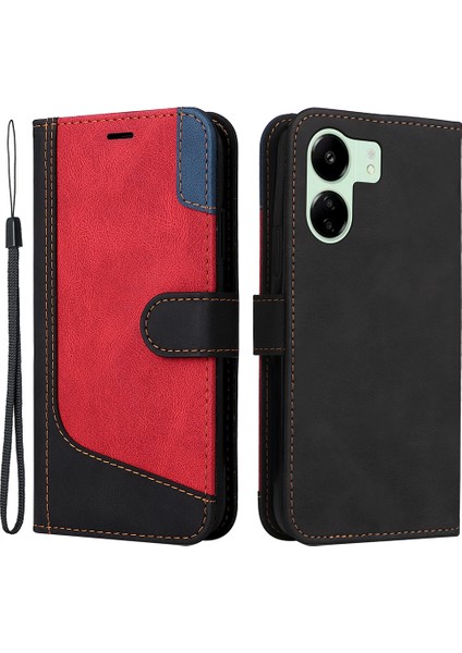 Xiaomi Redmi Için 13C 4g/poco C65 4g Telefon Kılıfı Pu Pu Deri Üç Renkli Ekleme Flip Cover-Black (Yurt Dışından)