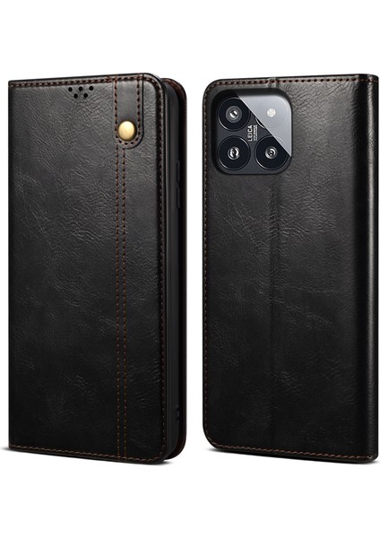Xiaomi 14 Pro Pu Derisi Çılgın At Telefon Kılıfı Stand Cüzdan Cep Telefonu Kapak Black (Yurt Dışından)