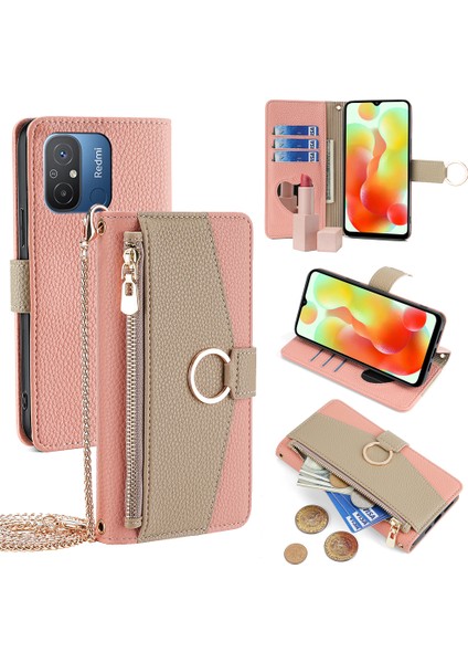 Xiaomi Redmi Için 12C 4g Kılıfı Pu Pu Deri Telefon Kapak Standı Bir Kayış Pembe (Yurt Dışından)