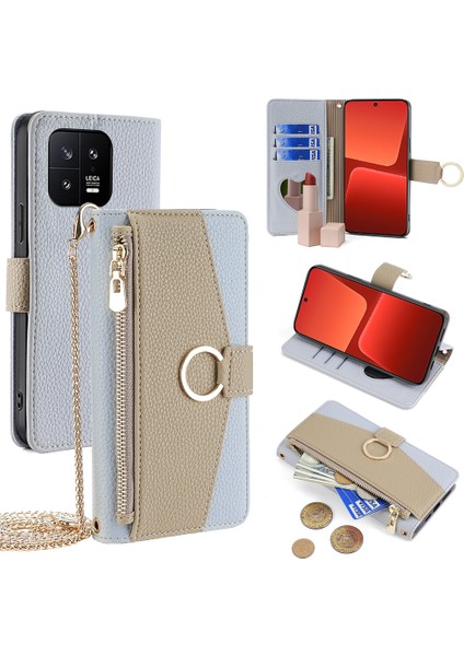 Xiaomi Için 13 Kasa Fermuar Cep Deri Telefon Cüzdan Kapağı Omuz Kayış Mavisi (Yurt Dışından)