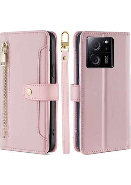 Xiaomi Için Redmi K60 ULTRA/13T/13T Pro Kasa Deri Fermuar Cüzdanı Stand Telefon Kapağı Uzun ve Kısa Kayış Pembe (Yurt Dışından)