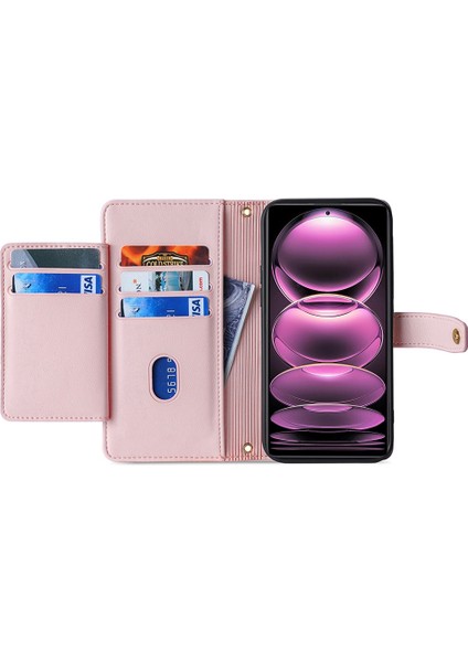 Xiaomi Için Redmi K60 ULTRA/13T/13T Pro Kasa Deri Fermuar Cüzdanı Stand Telefon Kapağı Uzun ve Kısa Kayış Pembe (Yurt Dışından)