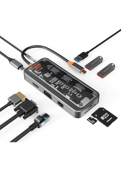 10IN1 Type-C To Usb3.0 + Usb2.0 *2 + Type-C Pd + 3.5mm + HDMI + VGA + Sd + Tf + Ethernet Çoğalt