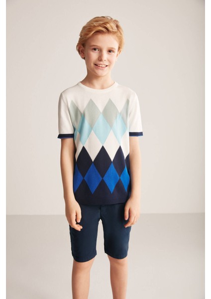 Baklava Desenli Mavi-Beyaz Giza Pamuk Çocuk Triko T-Shirt