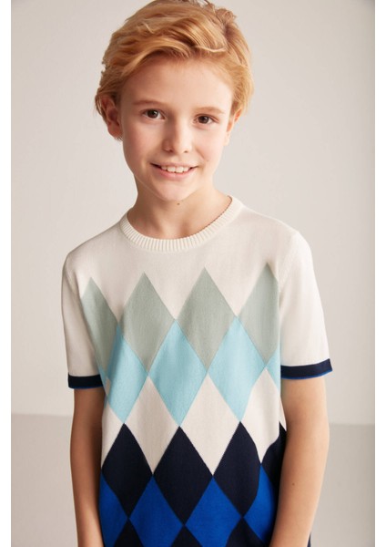 Baklava Desenli Mavi-Beyaz Giza Pamuk Çocuk Triko T-Shirt fiyatları