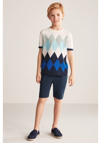 Baklava Desenli Mavi-Beyaz Giza Pamuk Çocuk Triko T-Shirt fırsatları