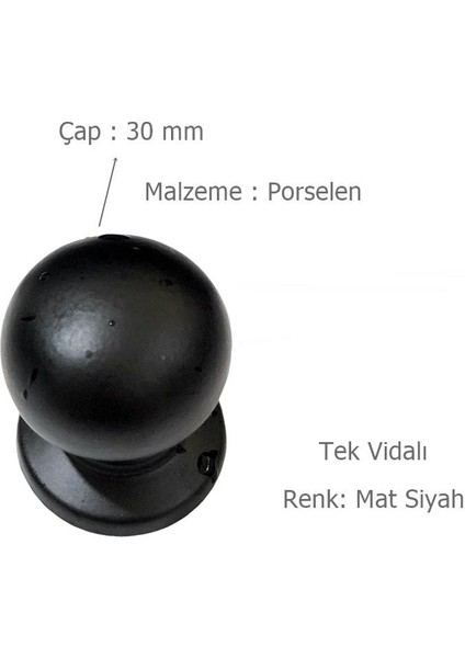 5 Adet Porselen Düğme Tek Vidalı Mat Siyah Mobilya Dolap Kulp