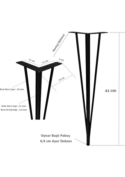 4 Adet Firkete Sehpa Ayağı 41 cm Mobilya Ayak Ayarlı Pabuçlu